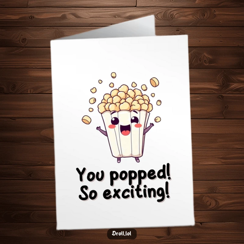 Funny Free Printable Congrats Card: A joyful popcorn bag character bursting with excitement, showering congrats with flying kernels.