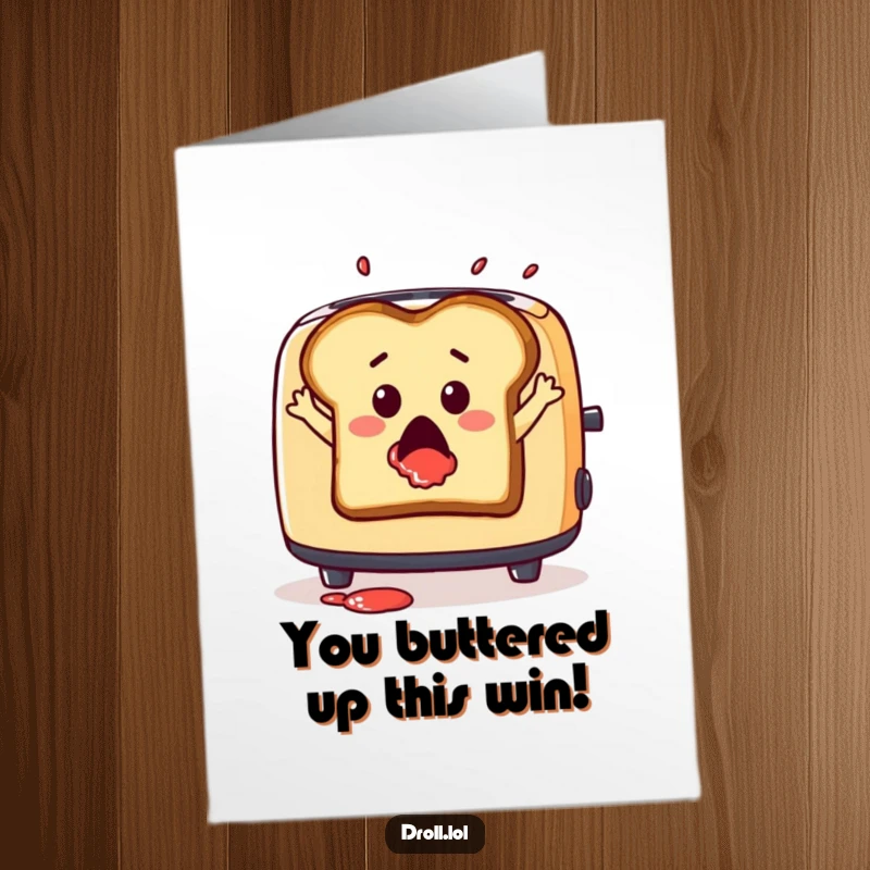 Funny Free Printable congratulations card, a piece of toast leaping from a toaster with jam splatter, signifying a jump to success.