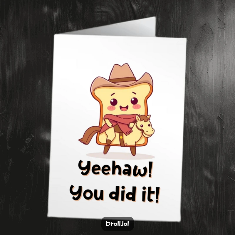 Funny Free Printable Congratulations Card: A smiling bread slice cowboy expertly riding a pat of butter to victory.