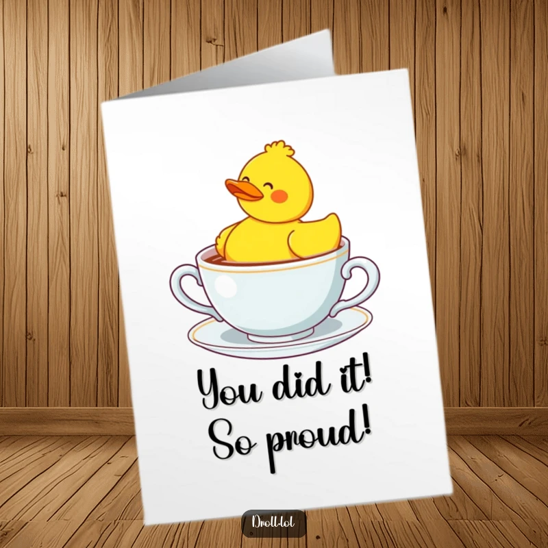 Funny Free Printable Congratulations Card: A bewildered rubber duck floats in a huge teacup, offering congratulations.