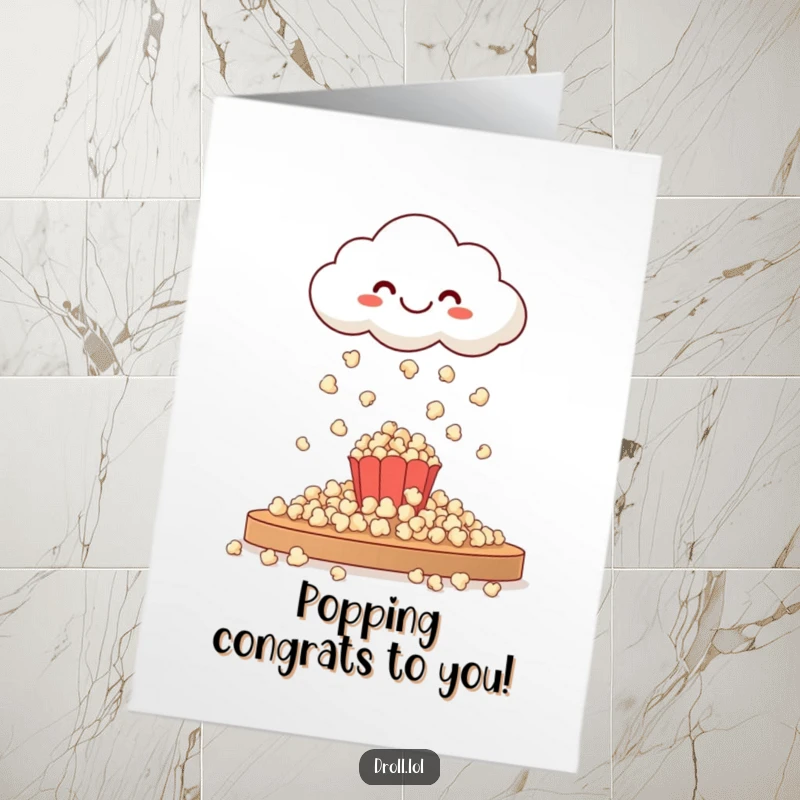 Funny Free Printable Congratulations Card: Happy cloud raining popcorn, celebrating a successful achievement.
