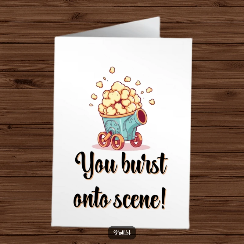 Funny Free Printable Congrats Card: Popcorn cannon firing a celebratory blast, conveying hilarious congratulations for success.