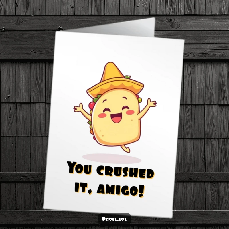 Funny Free Printable Taco Congratulations Card: A happy taco in a mariachi hat, dancing with excitement to celebrate.