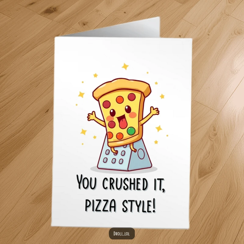 Funny Free Printable Congrats Card: Pizza slice in a disco dance on a cheese grater, celebrating a cheesy achievement.