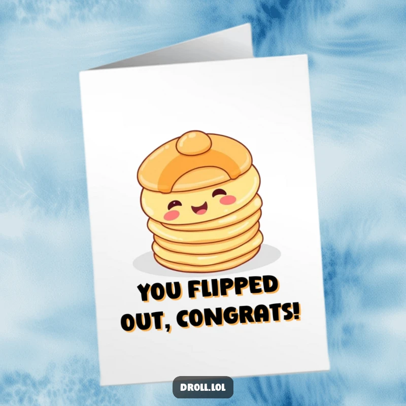 Funny Free Printable Congratulations Card: A happy pancake character comically tumbles off a stack, symbolizing a delightful mishap.