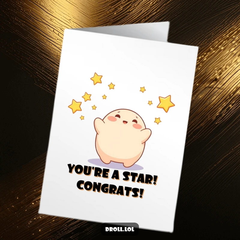 Funny free printable congratulations card: A cute blob character reaching for the cosmos, trying to catch falling stars. Celebration art.