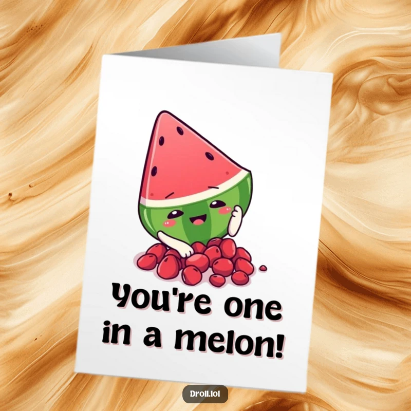 Funny free printable congratulations card of a watermelon character having a slippery moment on its seeds.