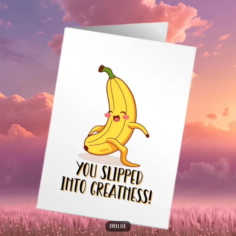 Funny Free Printable Congratulations Card: A giggling banana performs an exaggerated slip on a banana peel, signaling a funny congrats.
