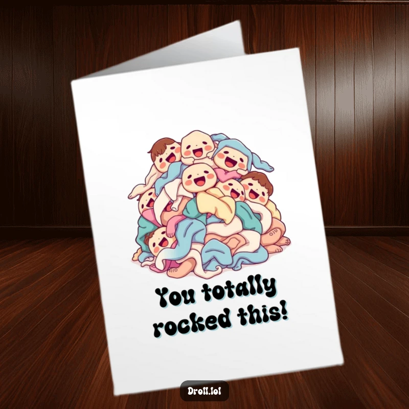 Funny Free Printable Congratulations Card showing a pile of laundry tumbling with glee and cheerful, smiling faces.