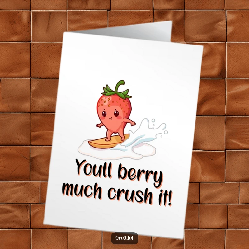 Funny Free Printable Congratulations Card: A strawberry shredding a milk wave, symbolizing triumphant success.