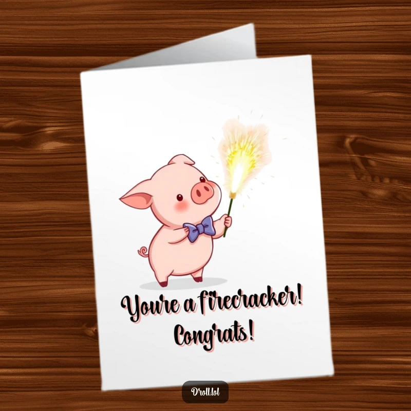 Funny Free Printable Congratulations Card: A piglet sporting a bow tie causes a sparkler to erupt in a blaze of glory.