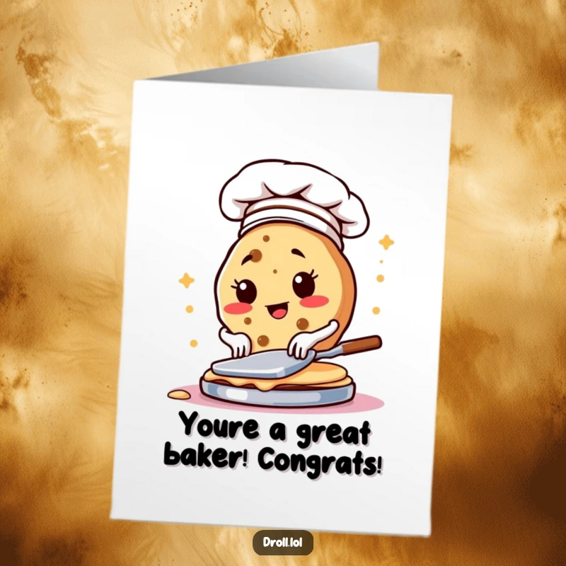 Funny free printable congratulations card: A focused cookie wearing a chef hat, mid-flip with pancakes. Achievement downloadable art.