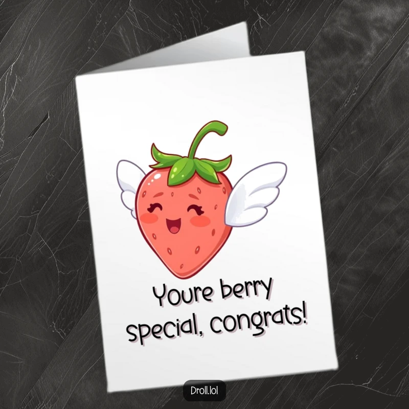 Funny Free Printable Congrats Card: A delighted strawberry with tiny wings flies, celebrating success.