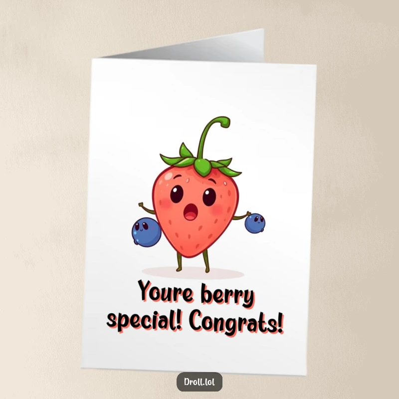Funny Free Printable Congrats Card: A surprised strawberry enthusiastically juggles tiny blueberries, celebrating a fruity success.