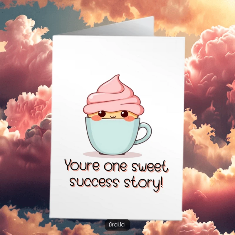 Funny Free Printable Congratulations Card: A blushing cupcake character hiding behind a tiny coffee cup, celebrating an achievement.