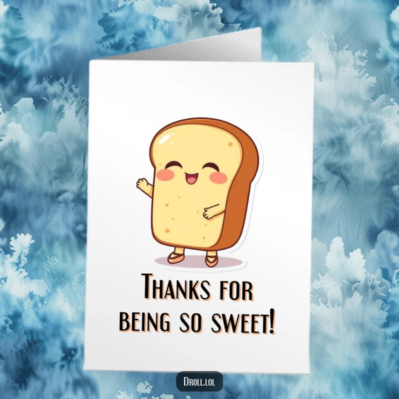 Funny Free Printable Bread Thank You Card: A giggling bread loaf in ballet shoes, sending thanks with a joyful expression.