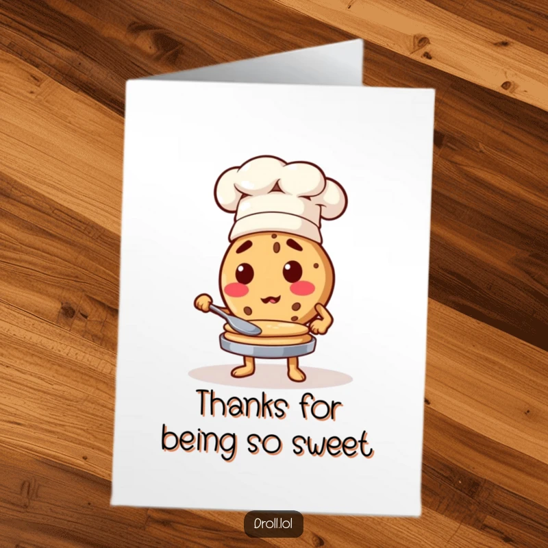 Funny Free Printable Thank You Card: A determined cookie wearing a chef hat flips pancakes, expressing thanks.