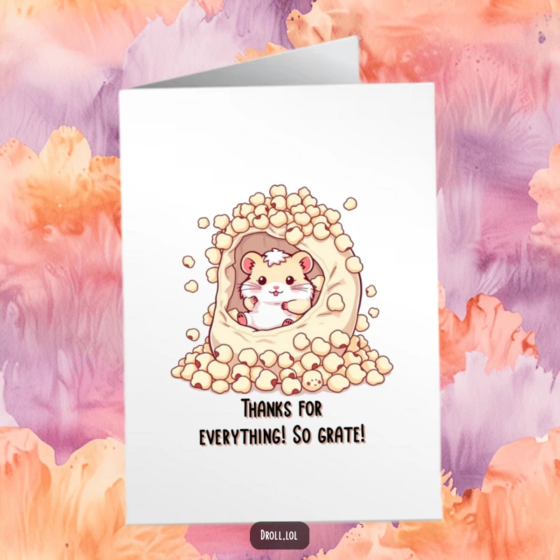 Funny Free Printable Thank You Card: Hamster blissfully rolling around in an enormous bag filled to the brim with popcorn kernels.