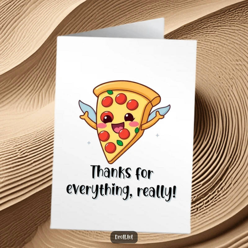 Funny Free Printable Pizza Thank You Card: Happy pizza slice with pepperoni wings flies, expressing thanks.
