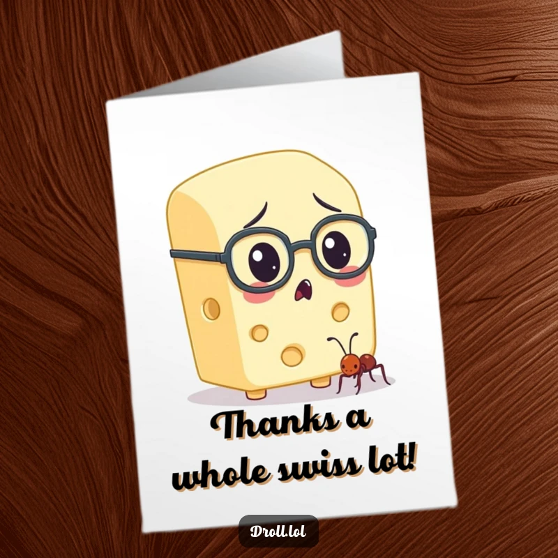 Funny free printable thank you card: a cheese block in tiny glasses stares in awe at a tiny ant.