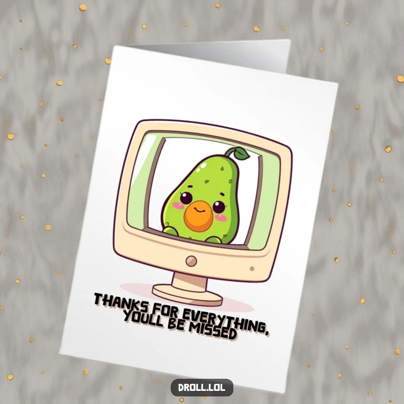 Funny Free Printable thank you card, a curious avocado peeking out from a computer screen, sending thanks digitally.