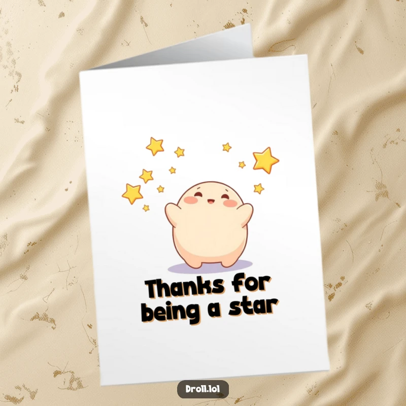 Funny free printable thank you card: A happy blob character stretching to catch twinkling stars, a delightful way to say thank you.