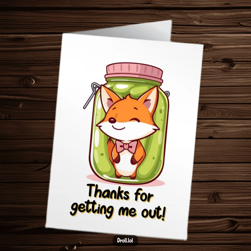 Funny Free Printable Thank You Card: A fox in a bow tie comically stuck in a large pickle jar, conveying thanks.