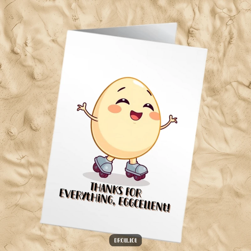 Funny Free Printable Thank You Card: A giggling egg wearing roller skates comically falling, showing thanks.