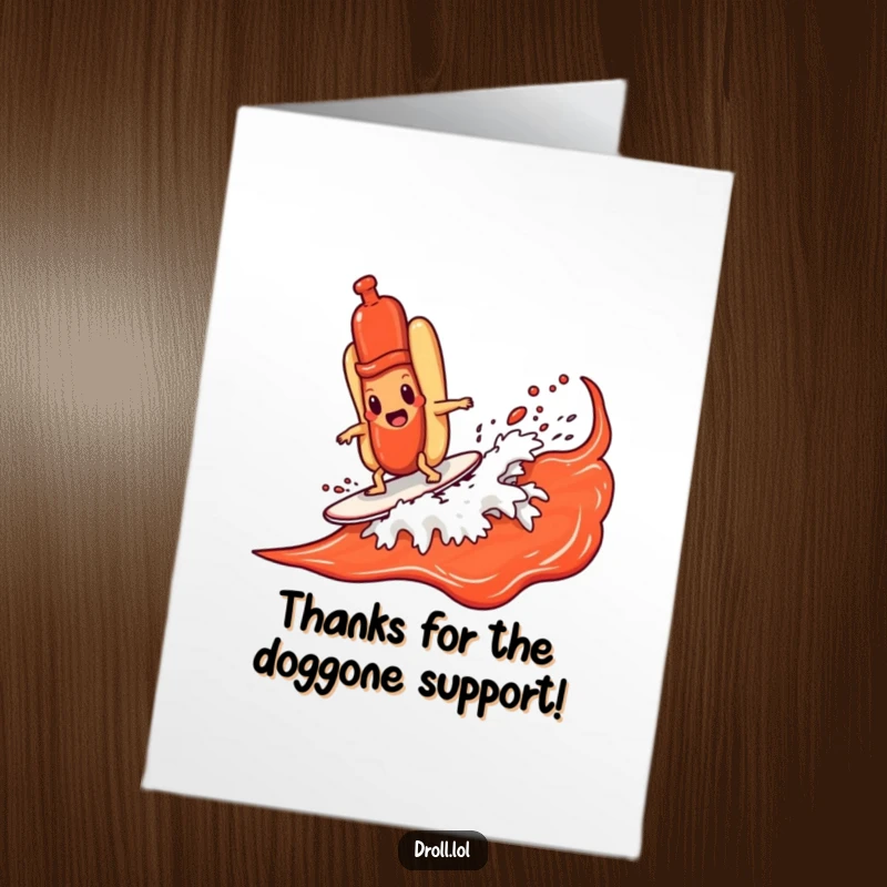 Funny free printable thank you card with a hot dog character surfing a ketchup wave, expressing gratitude.