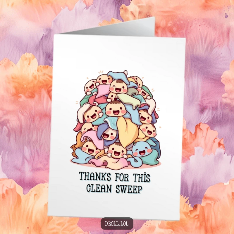 Funny Free Printable Thank You Card: A cheerful pile of laundry, each piece sporting a happy, smiling face.