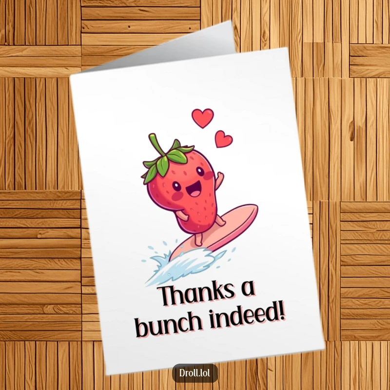 Funny Free Printable Thank You Card: A delighted strawberry hilariously surfing on a runaway blueberry, saying thanks.
