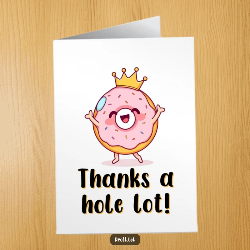 Funny Free Printable Thank You Card of a cheerful donut wearing a tiny crown doing a silly dance.