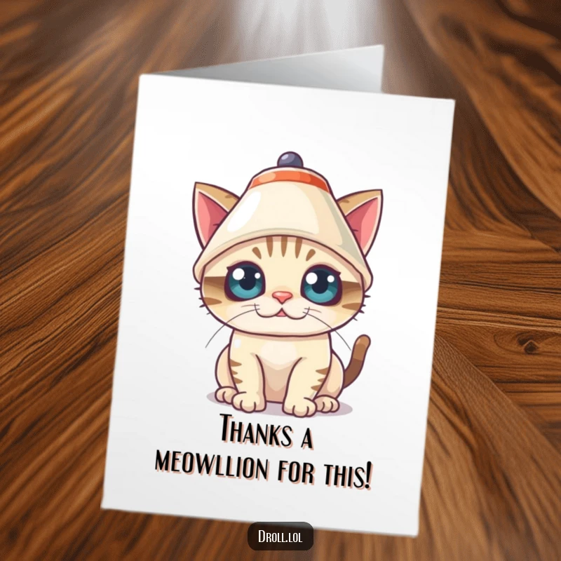 Funny Free Printable Thank You Card: A cat humorously wearing a lampshade as a hat, its wide eyes conveying thanks with a comical look.