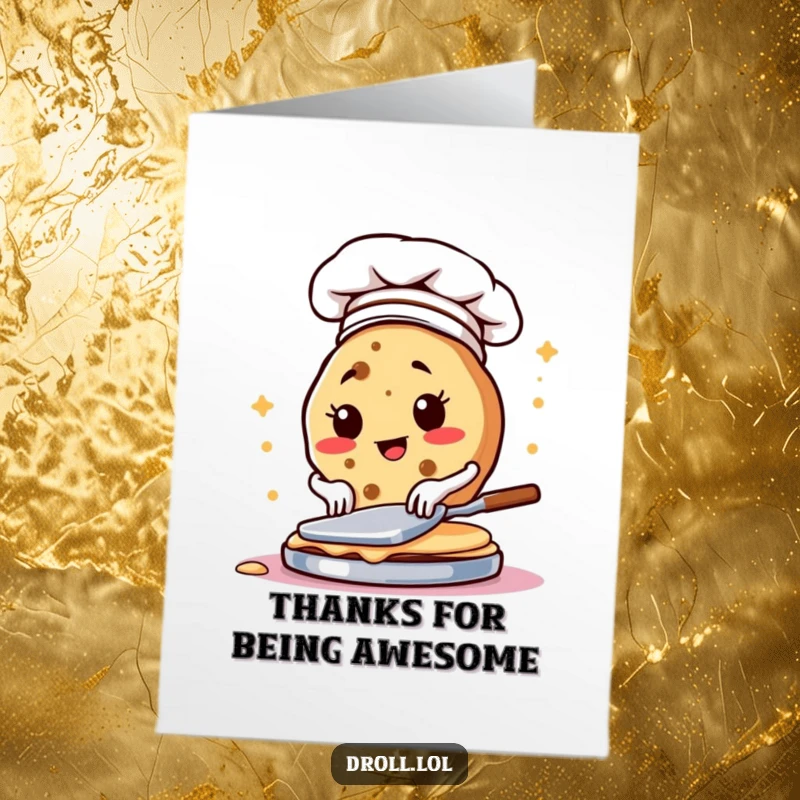 Funny free printable thank you card: A determined cookie in a chef hat, masterfully flipping pancakes. Culinary appreciation art.