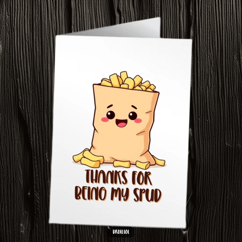 Funny Free Printable Thank You Card: A mischievous potato character hiding behind a giant bag of chips, expressing thanks.