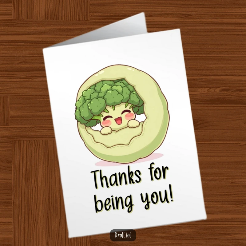 Funny Free Printable Broccoli Thank You Card: Giggling broccoli is hiding, offering a funny surprise thank you.
