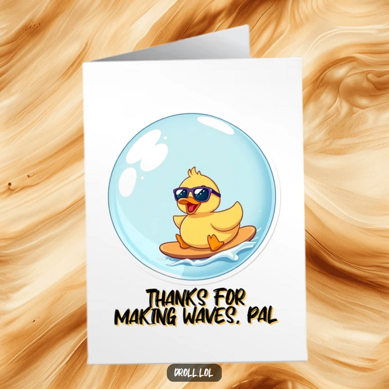 Funny Free Printable Thank You Card: Rubber duck with sunglasses surfs a bubbly wave, sending thanks. A humorous DIY greeting.