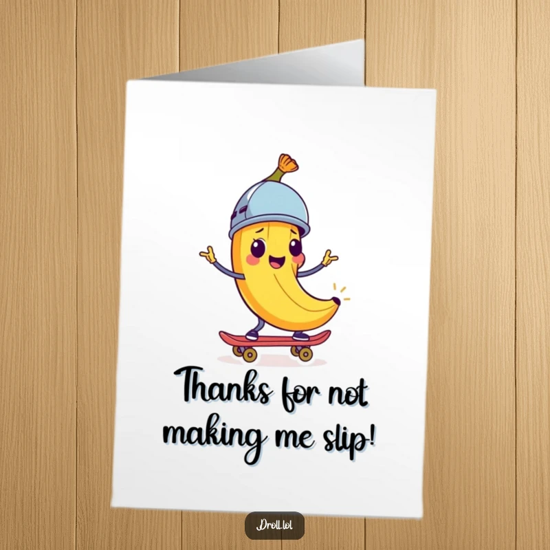 Funny Free Printable Thank You Card: A happy banana peel wearing a helmet skates on a skateboard, humorously thanking someone.