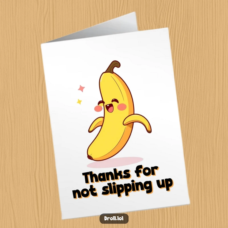 Funny free printable thank you card: a giggling banana peel comically slipping on itself, a hilarious way to say thanks.