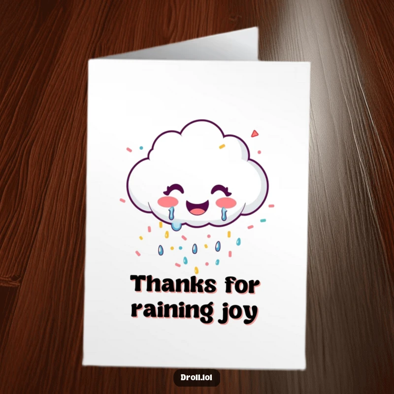 Funny free printable thank you card: A smiling cloud shedding colorful confetti, a joyful expression of gratitude. Cheerful art.