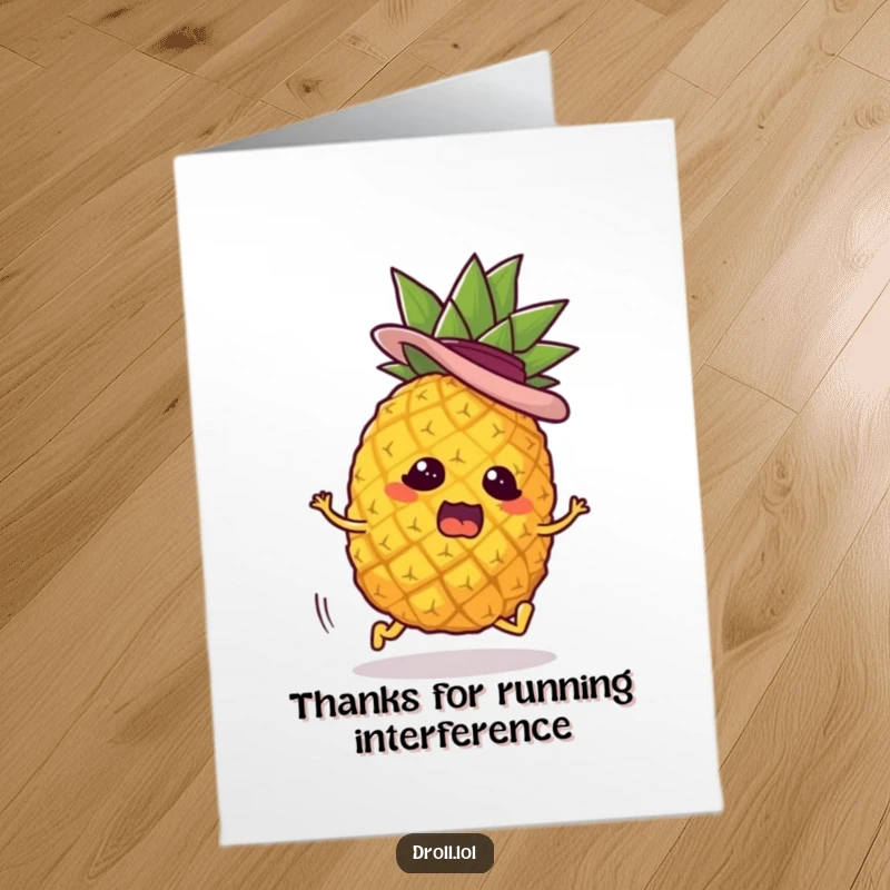 Funny Free Printable Thank You Card: A panicked pineapple with tiny legs makes a getaway, hat askew.