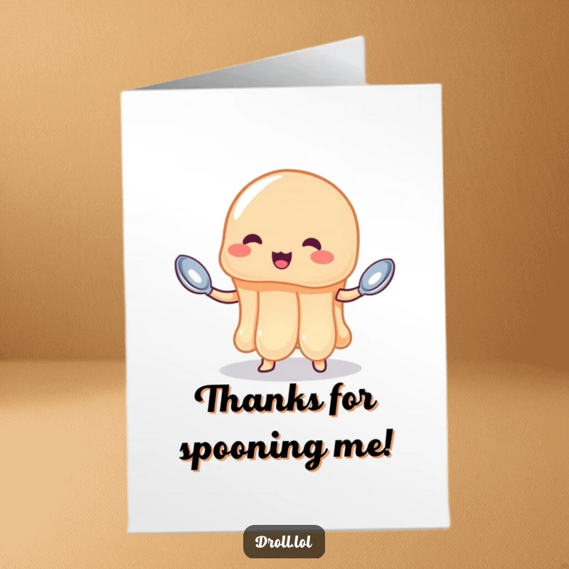 Funny Free Printable Thank You Card: A wobbly jelly tries its best to juggle three little spoons.