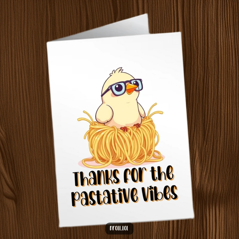 Funny Free Printable Thank You Card: Bird wearing glasses awkwardly poses near a nest made of spaghetti.