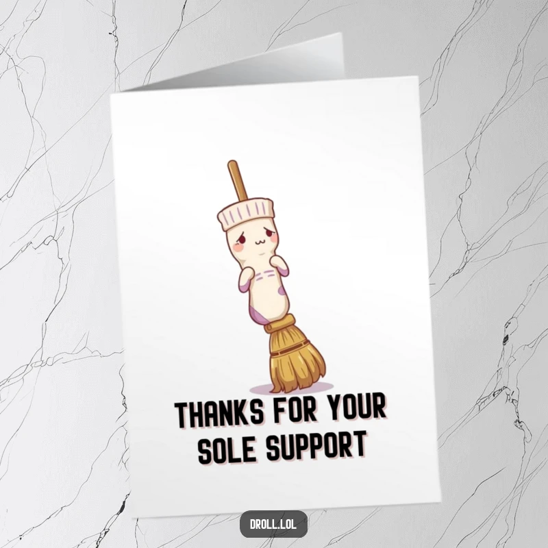 Funny Free Printable Thank You Card: A perplexed sock comically attempts to adorn a broom handle, a unique thank you.
