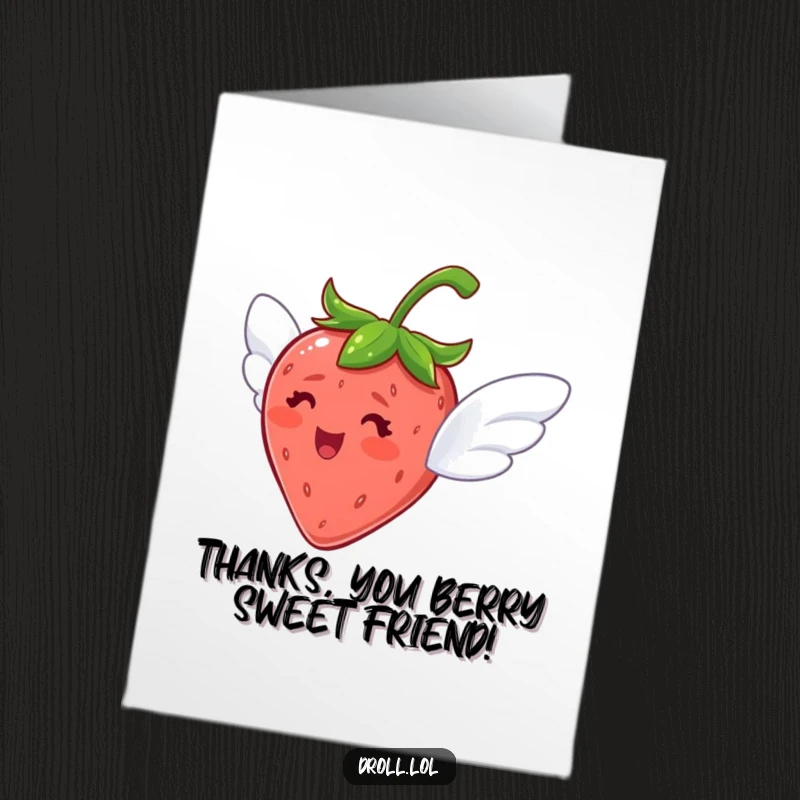 Funny Free Printable Thank You Card: A delighted strawberry with tiny wings flies, expressing thanks.