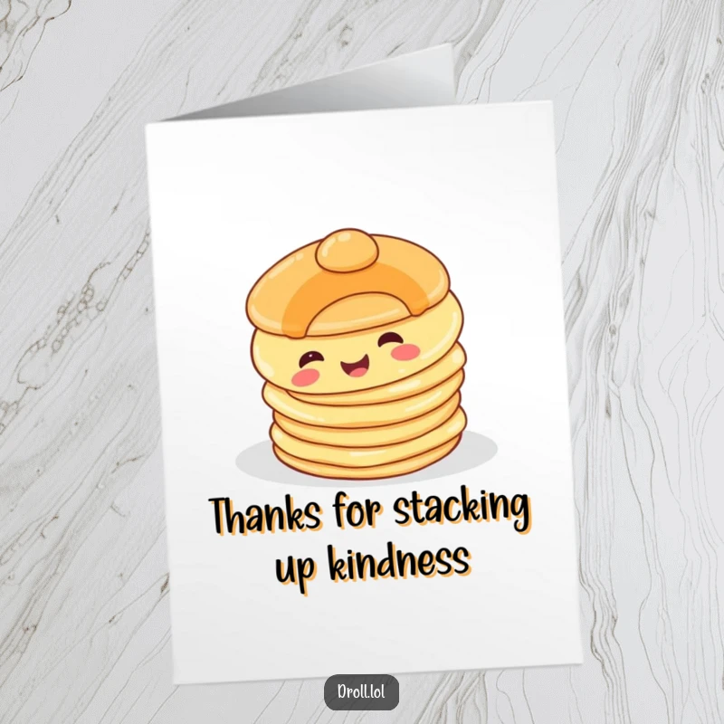 Funny Free Printable Thank You Card: A happy pancake with a smiley face comically tumbles off a stack, a sweet way to thank someone.