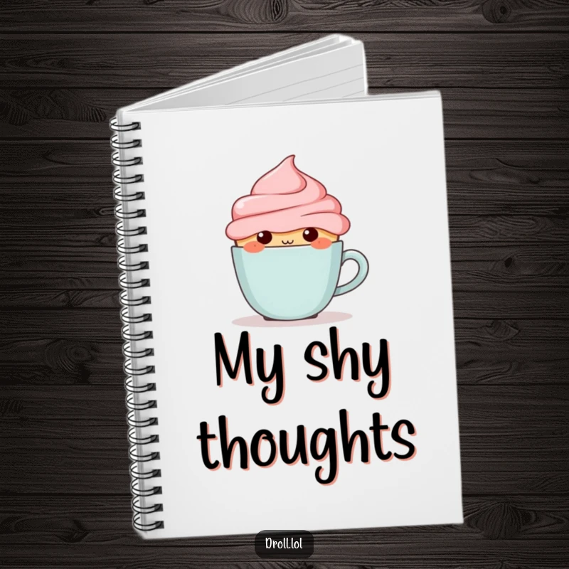 Funny blushing cupcake hiding behind a tiny coffee cup on the cover of a humorous and sweet notebook.