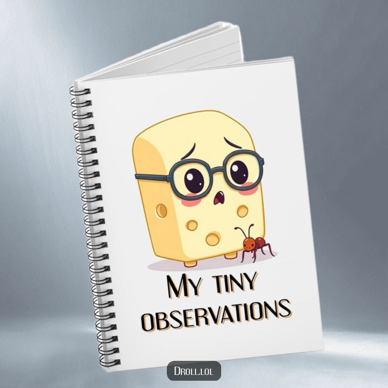Funny cheese character with spectacles gazing at an ant, featured on a notebook cover for humorous note-taking.