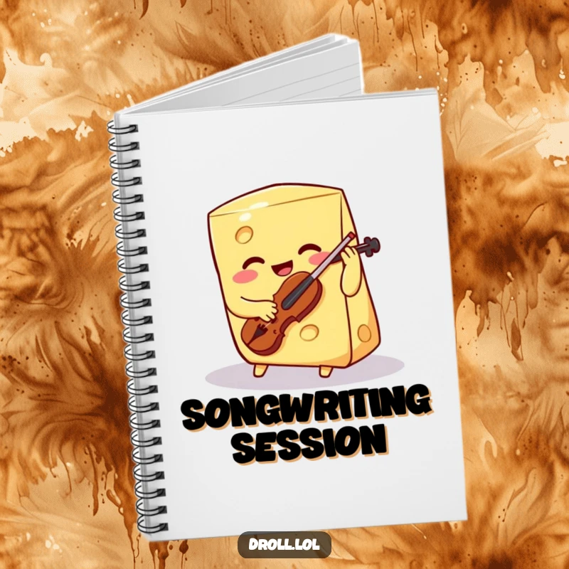 Funny smiling cheese wedge playing a tiny violin on a notebook cover, a humorous stationery item for jotting down musical thoughts.