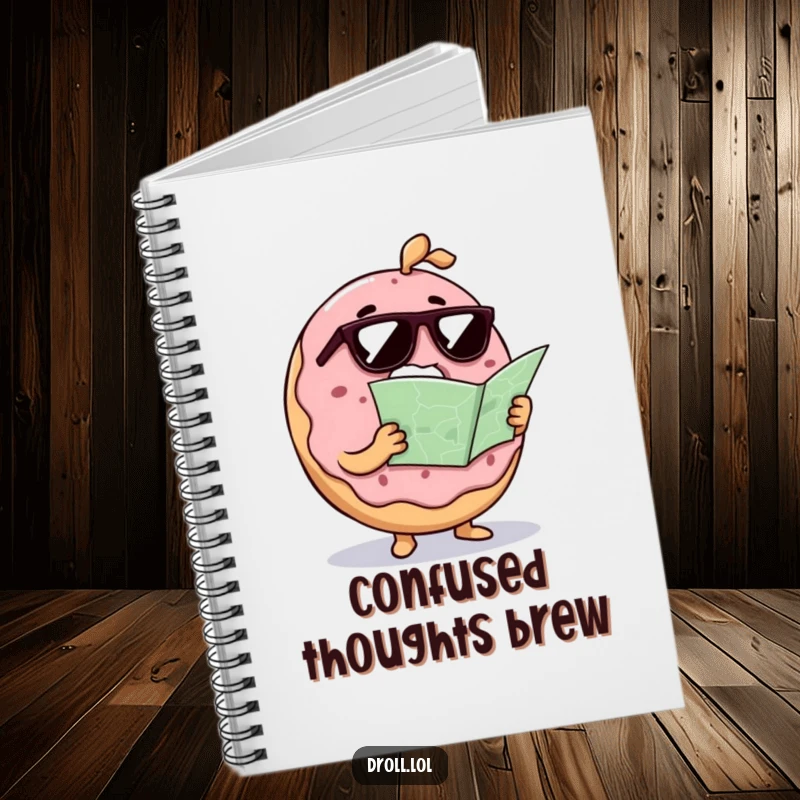 Funny donut wearing sunglasses reads a map on a notebook cover, a humorous stationery item for capturing confused thoughts.